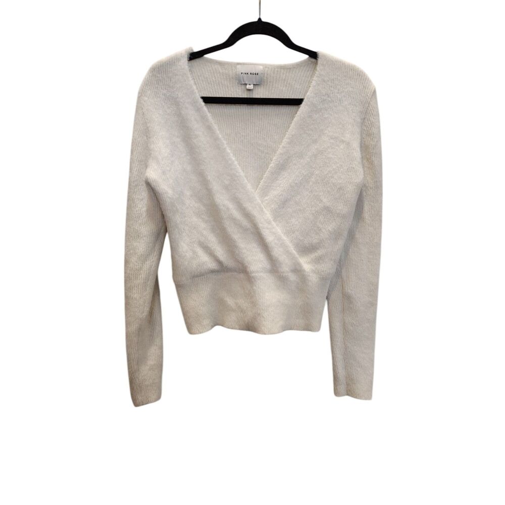 Pink Rose Cream Faux Wrap V-Neck Long Sleeve Fuzzy Knit Sweater | Size XL